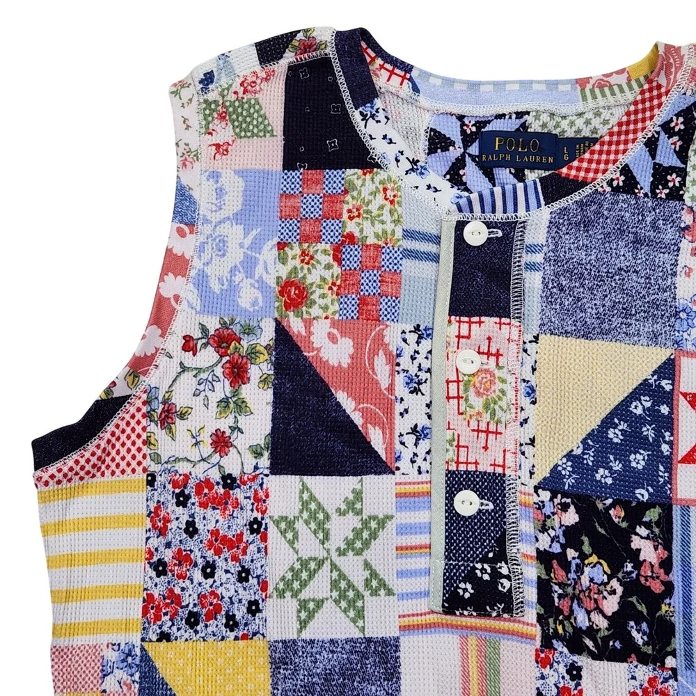 Polo Ralph Lauren Patchwork Quilt Print Waffle‎ Knit Maxi Dress Blue L RARE New - Picture 12 of 15